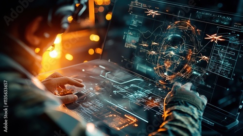 Futuristic Military Training Room with Soldiers Analyzing Drone Strategies on Holographic Interface