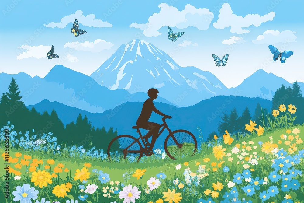 Fototapeta premium A serene landscape featuring a cyclist amidst flowers and mountains, evoking tranquility.