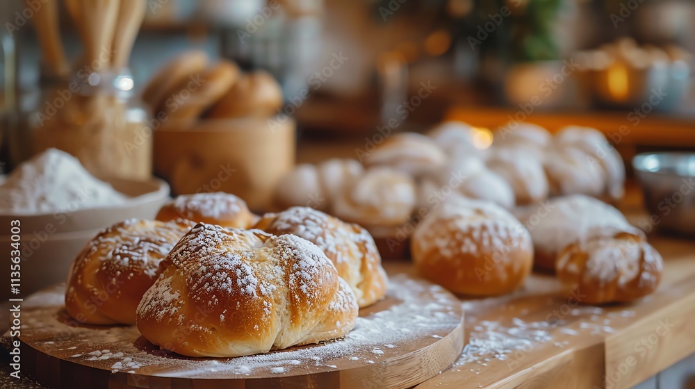 Freshly baked bread and pastries on a wooden board, dusted with powdered sugar. Freshly baked bread and pastries on a wooden board, dusted with powdered sugar.