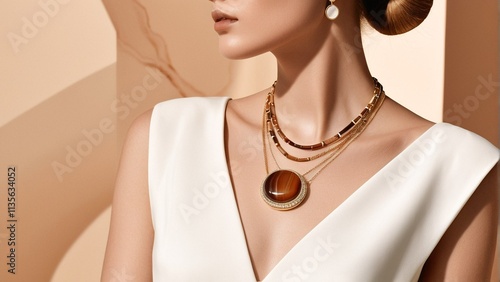 A woman wears a white sleeveless top and a gold necklace with a large pendant, earrings, and a beaded bracelet against a peach-colored background.