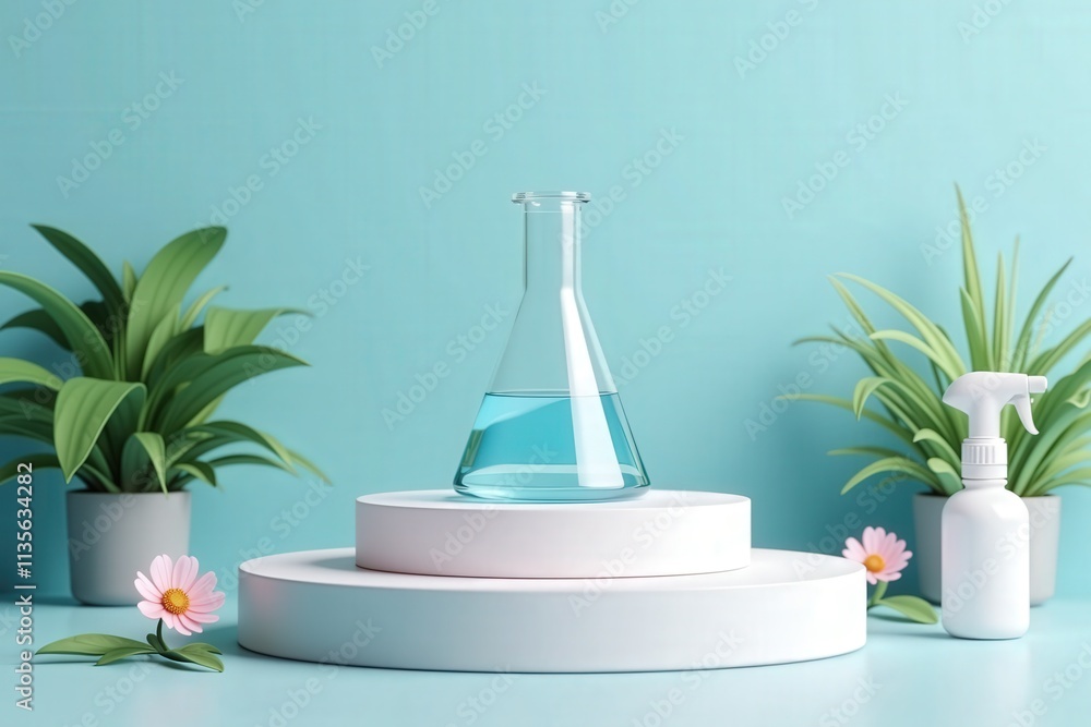 Elegant Blue Background Display with Glass Flask, Plants, and Flowers - Perfect for Home Decor or Product Photography Elegant Blue Background Display with Glass Flask, Plants, and Flowers - Perfect for Home Decor or Product Photography