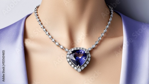 A close-up of a woman's neck and chest area, featuring a necklace with a large blue gemstone and a row of smaller diamonds.