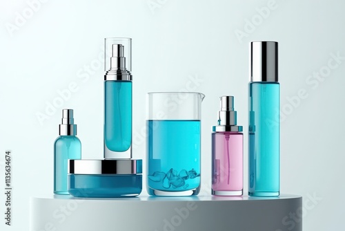 Elegant Collection of Blue and Pink Cosmetic Bottles Perfect for Skincare and Beauty Routines