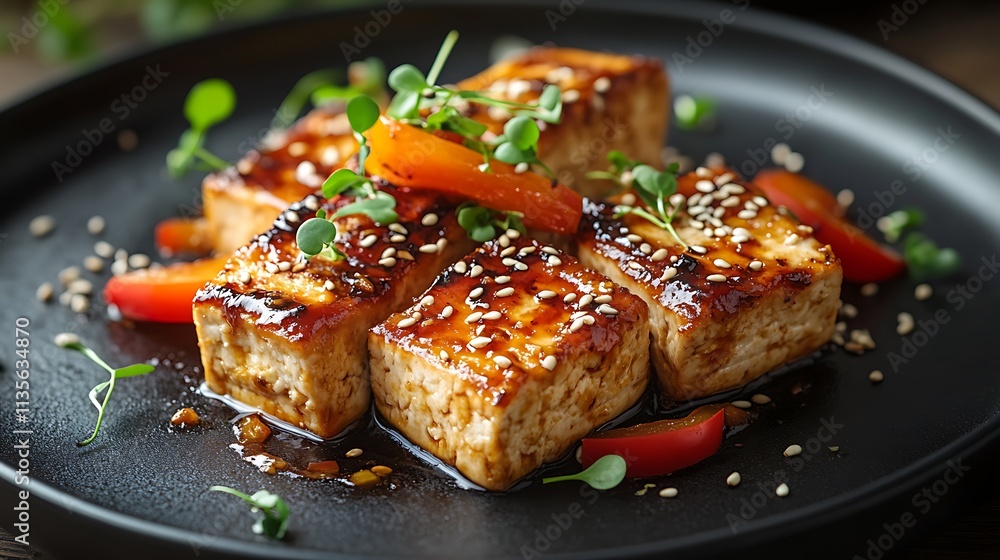 A modern plating of sautéed tofu stir-fry with bell peppers, served on a sleek black plate with a drizzle of spicy sauce, garnished with sesame seeds and microgreens, A modern plating of sautéed tofu stir-fry with bell peppers, served on a sleek black plate with a drizzle of spicy sauce, garnished with sesame seeds and microgreens,
