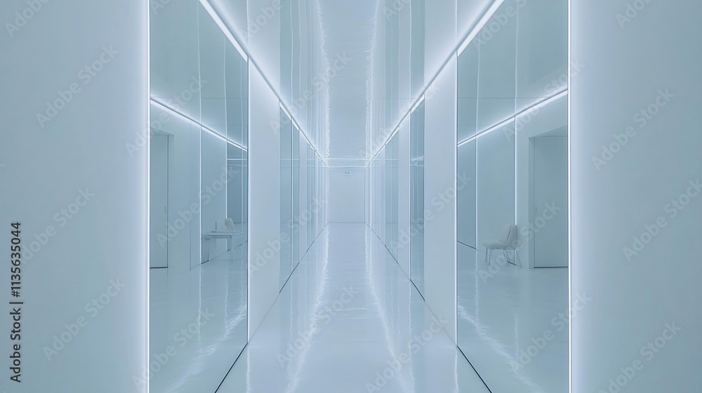 Obraz premium Futuristic minimalist white hallway with glowing lines and reflective surfaces.