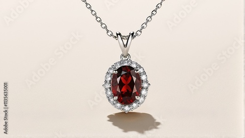 A silver necklace with a red gemstone pendant and a halo of smaller diamonds.
