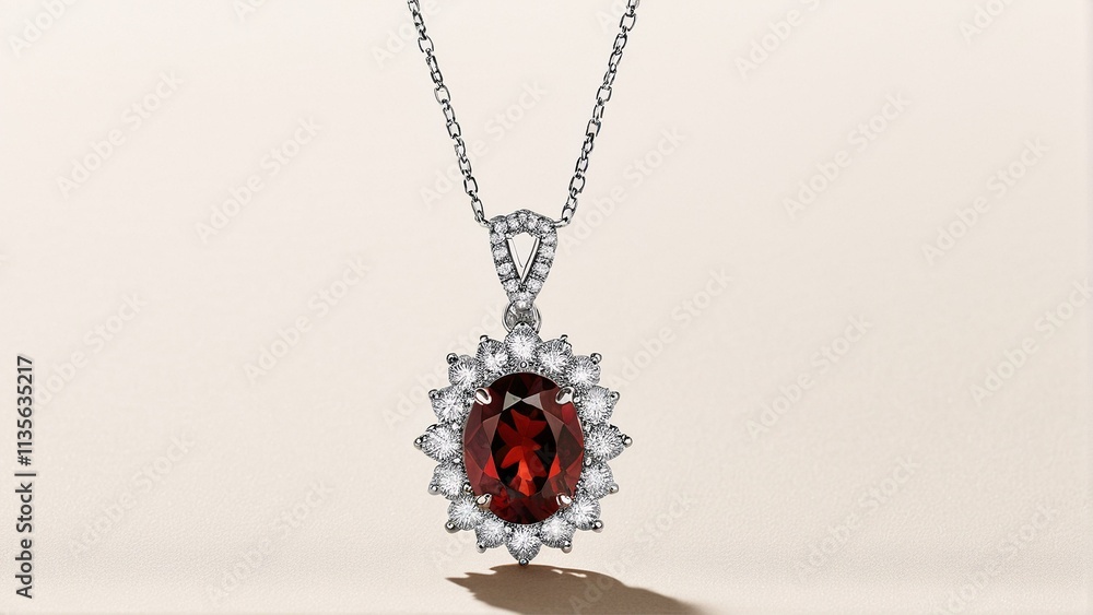 A silver necklace with a red gemstone pendant and a cluster of smaller diamonds. A silver necklace with a red gemstone pendant and a cluster of smaller diamonds.