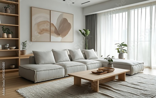 Minimalist living room with beige sectional sofa, wooden coffee table, and artwork.