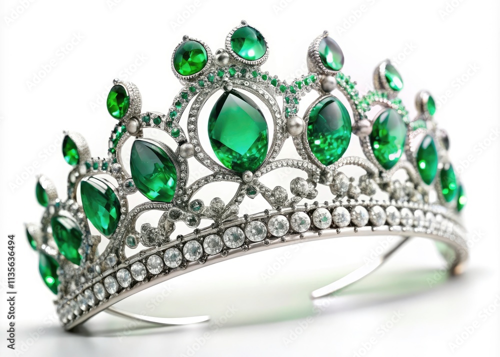 Fototapeta premium White Gold Emerald Tiara, Luxury Headpiece, Bridal Crown, Elegant Jewelry, Royal Headwear, Green Gemstone Tiara, Wedding Accessory, Fine Jewelry