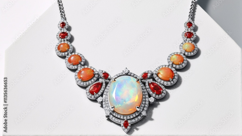A necklace with a large oval opal surrounded by smaller opals, garnished with red and orange gemstones, and set in a silver chain. A necklace with a large oval opal surrounded by smaller opals, garnished with red and orange gemstones, and set in a silver chain.