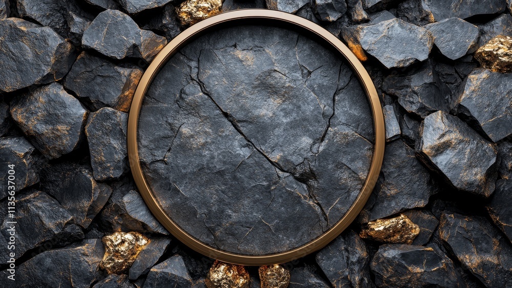 Round frame rests on textured black stones with golden accents Round frame rests on textured black stones with golden accents