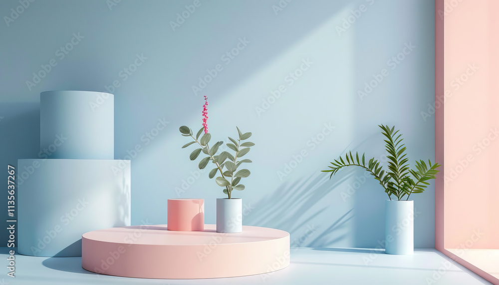 Fototapeta premium Minimalist Product Display with Cylindrical Platforms and Plants