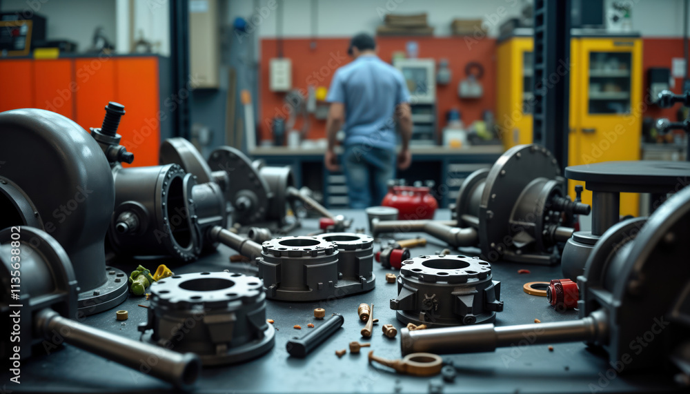 Fototapeta premium High-tech workshop scene shows racing car aftermarket parts manufacturing. Workers assemble parts on dark table filled with various components. Focused on precision engineering, quality control.