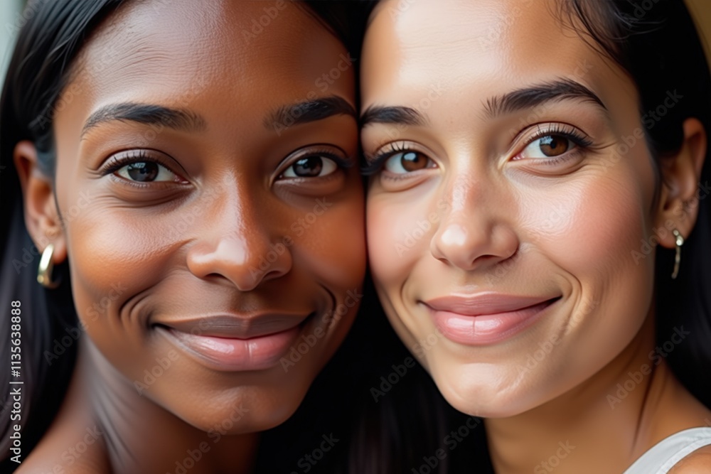 Beautiful Multiracial Women Smiling Together Close-Up: Perfect for Diversity, Inclusivity, and Friendship Campaigns Beautiful Multiracial Women Smiling Together Close-Up: Perfect for Diversity, Inclusivity, and Friendship Campaigns