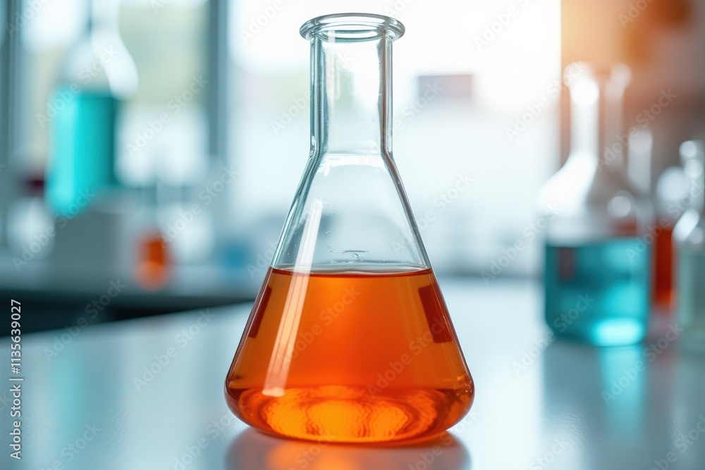 Vibrant Laboratory Flask Filled with Orange Liquid on a Clean Countertop Surrounded by Various Chemical Containers Vibrant Laboratory Flask Filled with Orange Liquid on a Clean Countertop Surrounded by Various Chemical Containers