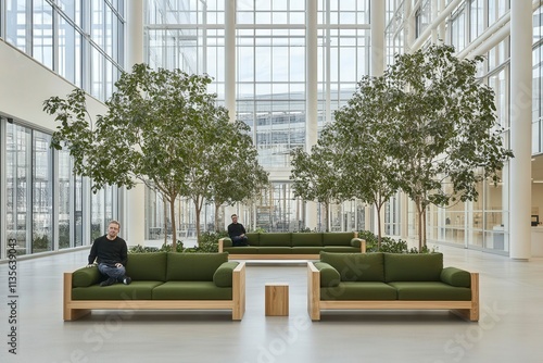 Modern Indoor Lounge Area with Green Sofas and Trees photo