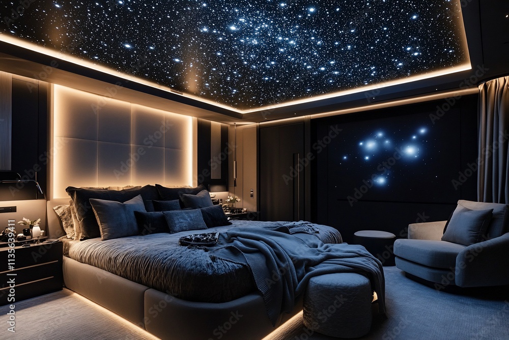Luxurious bedroom with starlit ceiling, plush bed, and comfortable seating. Luxurious bedroom with starlit ceiling, plush bed, and comfortable seating.
