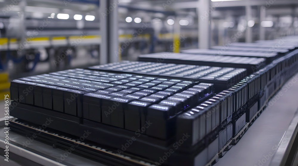 A close-up view of stacked battery cells in a manufacturing facility. A close-up view of stacked battery cells in a manufacturing facility.
