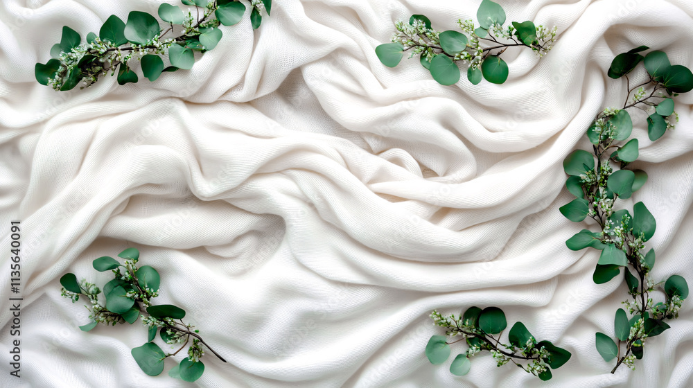 Eucalyptus branches arranged on white draped fabric background Eucalyptus branches arranged on white draped fabric background