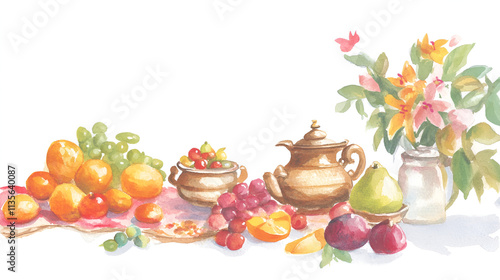 Golden thali with fruits flowers and holy water arranged on a traditional cloth Paush Putrada Ekadashi festive offering ritualscover poster copy space cute soft watercolor painting on white backgorund photo