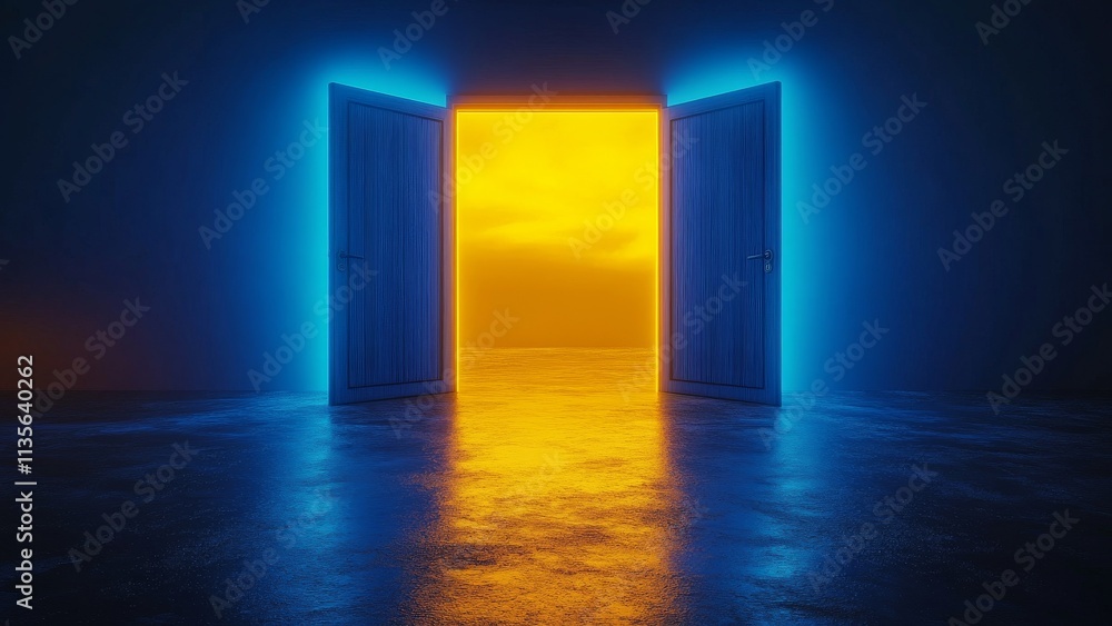 Bright door opening to a golden horizon in a dark room Bright door opening to a golden horizon in a dark room