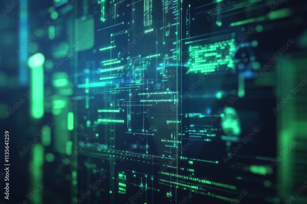 Futuristic digital interface with glowing green data streams and codes. Futuristic digital interface with glowing green data streams and codes.