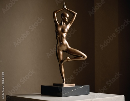 A bronze statue of a woman in a yoga pose, standing on one leg, is displayed on a marble base.