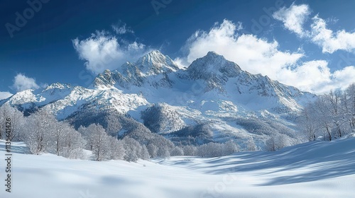 a snowy mountain range with blue sky and clouds