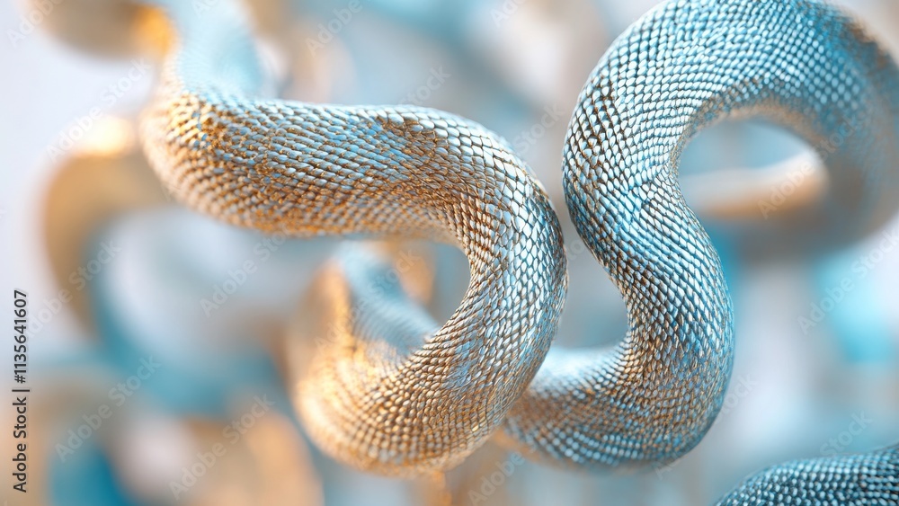 Fototapeta premium Twisted textured metallic sculpture with blue and gold tones