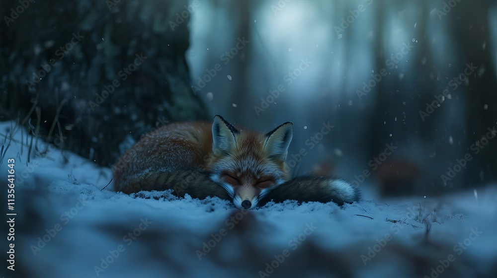 A serene red fox sleeping peacefully in the snow, surrounded by a tranquil forest scene, capturing a serene winter moment. A serene red fox sleeping peacefully in the snow, surrounded by a tranquil forest scene, capturing a serene winter moment.