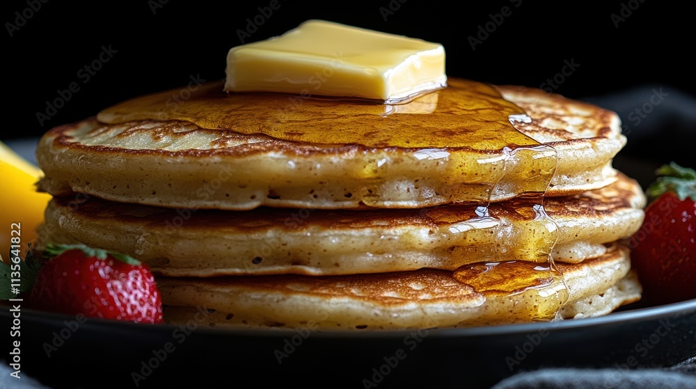 a stack of pancakes with butter and syrup on top a stack of pancakes with butter and syrup on top