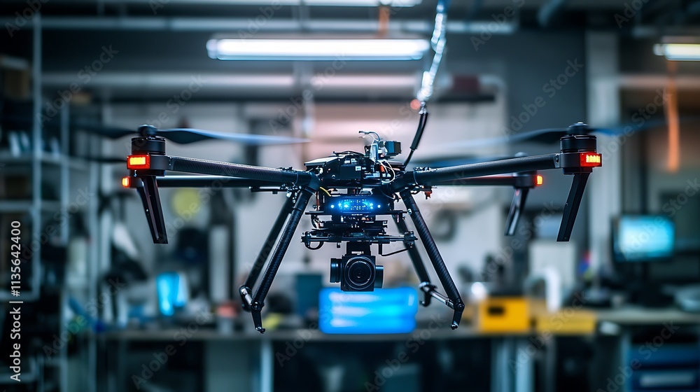 Black drone hovering in workshop with lights and camera attached. Black drone hovering in workshop with lights and camera attached.