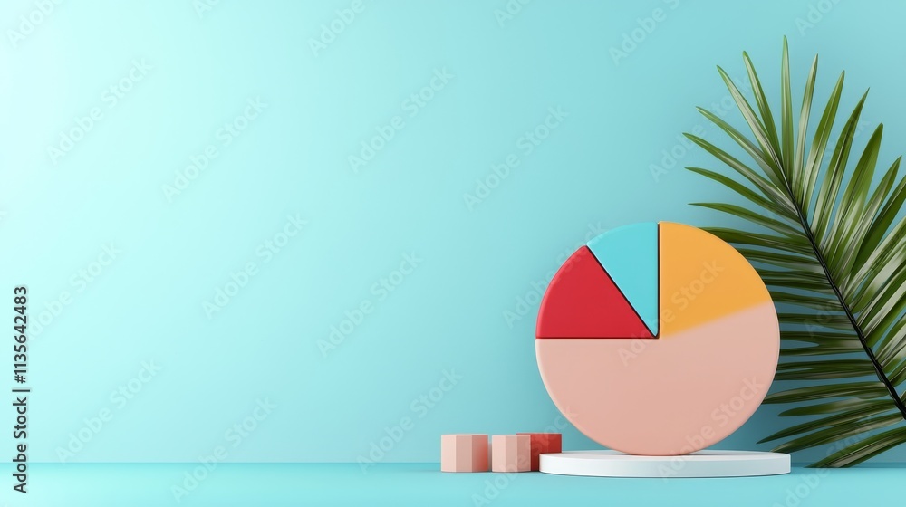 Fototapeta premium A colorful pie chart sits on a table next to a green palm leaf, against a soft blue background, symbolizing data analysis and statistics.
