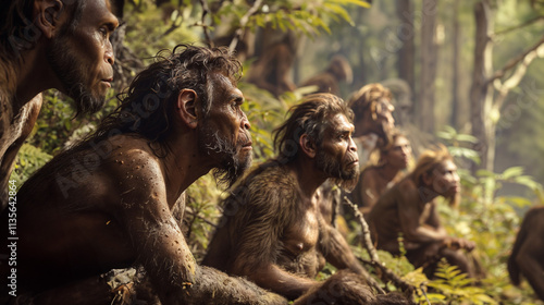 Primitive hominid group navigating the lush, verdant forest landscape of their natural habitat photo