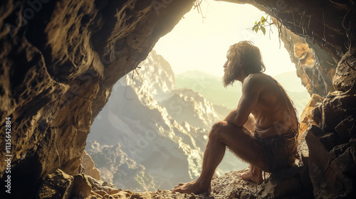 A solitary, bearded primitive man in loincloth silhouetted in the entrance of a cave, gazing out at the rugged, sunlit landscape below. Homo sapiens with consciousness photo