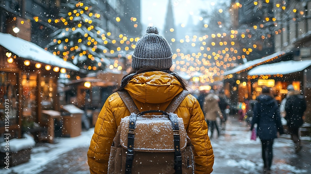 Winter shopping lifestyle advertisement poster festive street urban environment young woman with bags Winter shopping lifestyle advertisement poster festive street urban environment young woman with bags