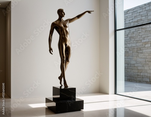 A bronze statue of a nude male figure with one leg raised stands on a black marble pedestal in a modern room with a large window.