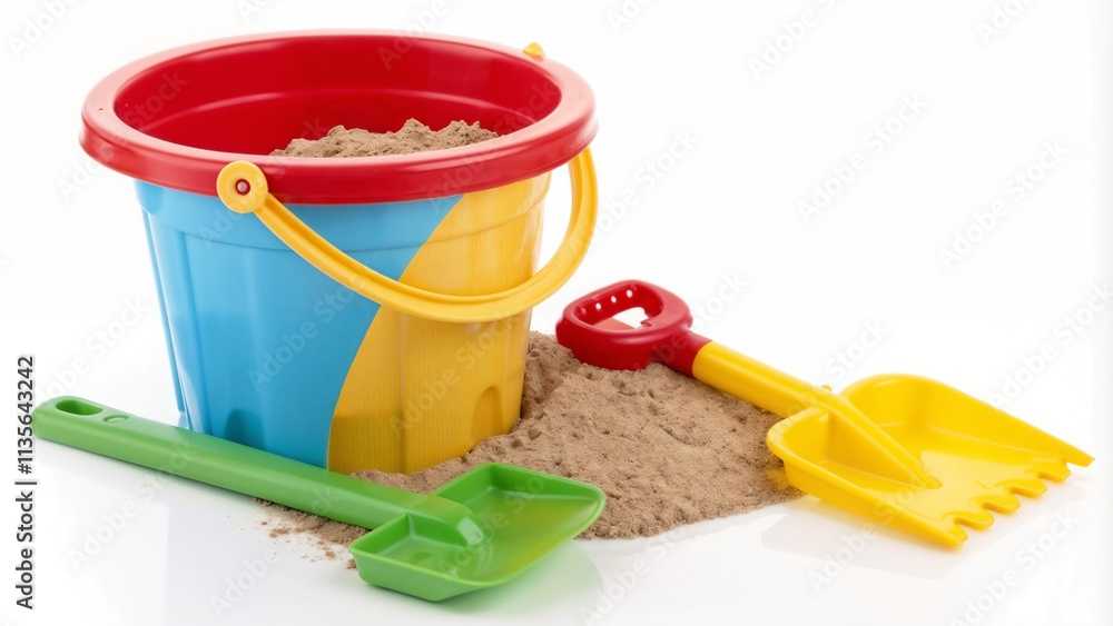 Colorful sand toys set with bucket and shovels on white background with copy space Colorful sand toys set with bucket and shovels on white background with copy space