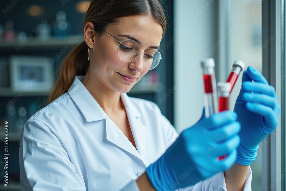 Focused Scientist in Lab Coat Examining Blood Samples with Precision and Care, Perfect for Medical and Scientific Illustrations Focused Scientist in Lab Coat Examining Blood Samples with Precision and Care, Perfect for Medical and Scientific Illustrations