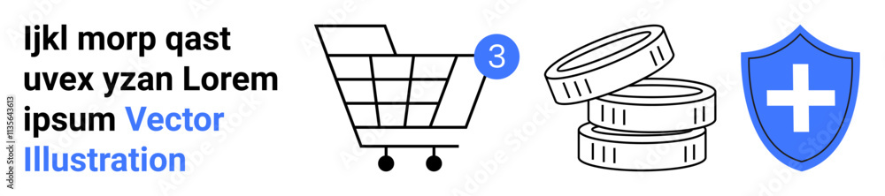 Shopping cart with notification, stack of three coins, and a blue security shield with a white cross. Ideal for e-commerce, shopping, currency, online security, digital transactions, financial Shopping cart with notification, stack of three coins, and a blue security shield with a white cross. Ideal for e-commerce, shopping, currency, online security, digital transactions, financial