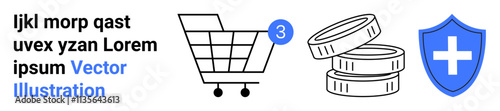 Shopping cart with notification, stack of three coins, and a blue security shield with a white cross. Ideal for e-commerce, shopping, currency, online security, digital transactions, financial