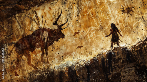 Majestic, prehistoric mural with silhouetted bison, reindeer or deer in a hunting scene, with a prehistoric female shaman observing the artwork and celestial imagery in rustic, earthy tones. photo