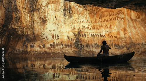 Vast, shadowy underground cavern with a serene, reflective pool and a small silhouetted figure of an homo sapiens in a boat, amid a sweeping prehistoric mural with symbols and ritual figures photo