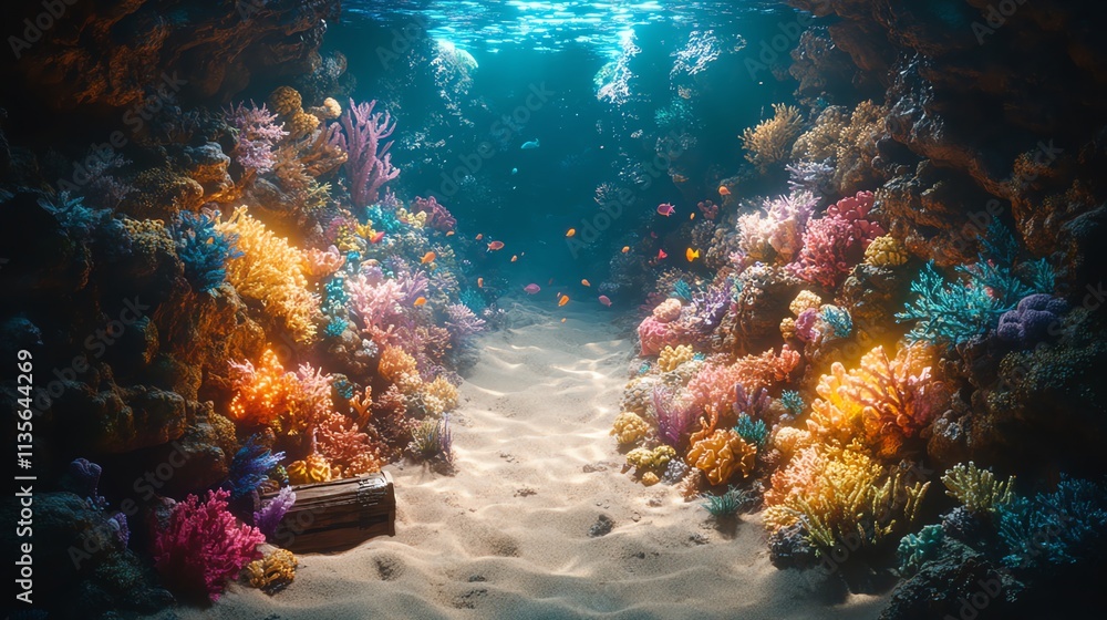 Naklejka premium A vibrant underwater scene showcasing colorful corals and tropical fish in a serene environment.