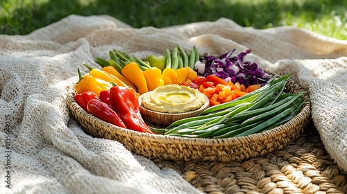 A vibrant outdoor picnic scene featuring a colorful veggie platter with hummus in the center, surrounded by vegetables like snap peas, zucchini sticks, and bell peppers, photo