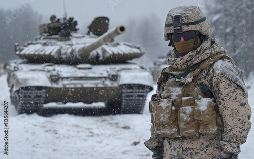 A Ukrainian soldier, clad in winter combat gear, stands resolute before a tank in a snowy battlefield. The scene evokes strength and resilience. photo