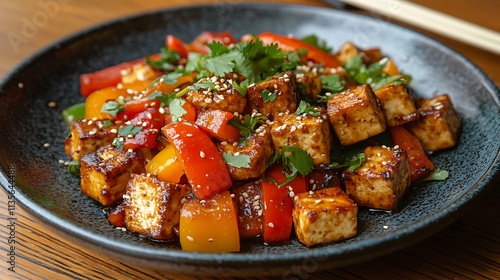 A vibrant plate of sautéed tofu stir-fry with colorful bell peppers, garnished with sesame seeds and fresh cilantro, served on a rustic wooden table with chopsticks on the side,