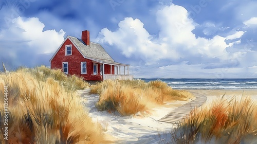 a watercolor painting of a red and white building on a beach