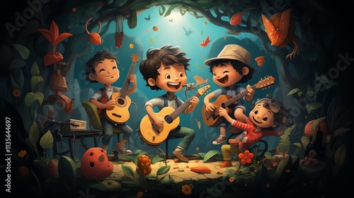 Happy kids band playing music in a magical forest.