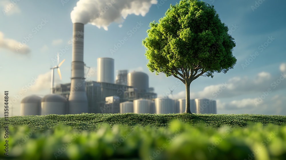 Obraz premium Lush Green Tree Against Industrial Landscape: A 3D Render of Environmental Contrast. AI Generated